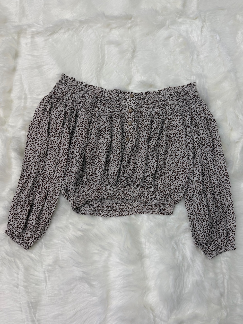 Off-Shoulder Leopard Print Smocked Top - White/Brown